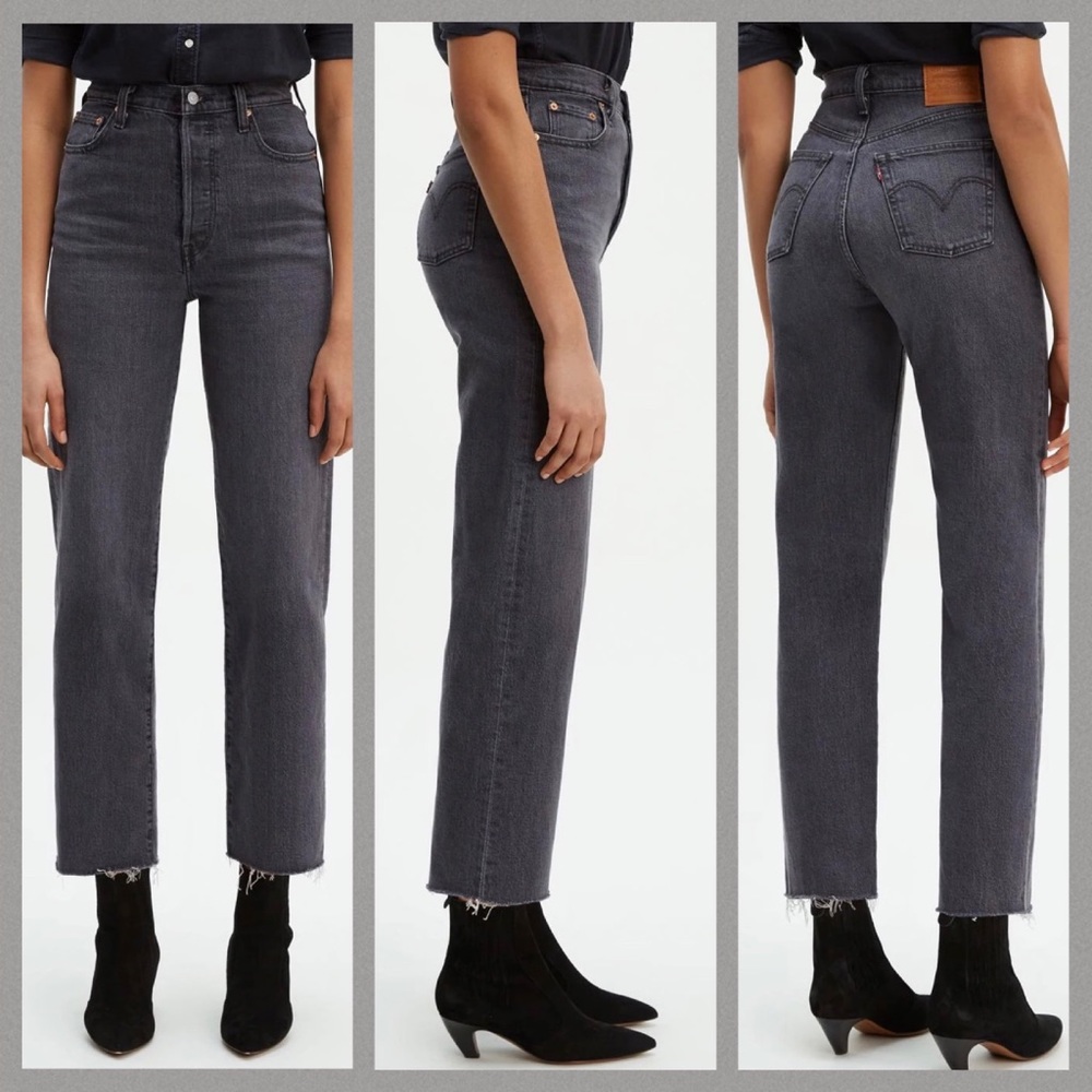 Levi’s Ribcage Straight Ankle Jeans High Waist Raw Hem Button Fly Black Wash 29